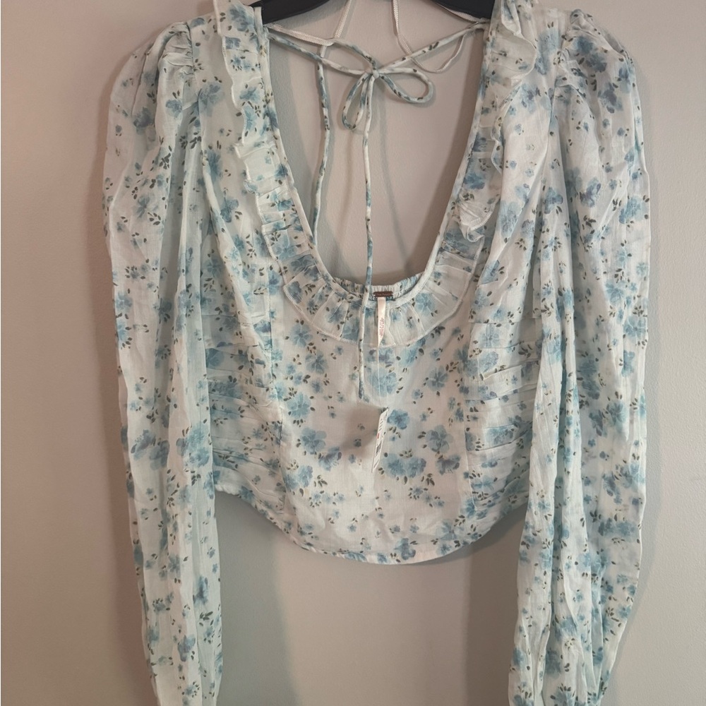 Free People Floral Blouse in Blue and White